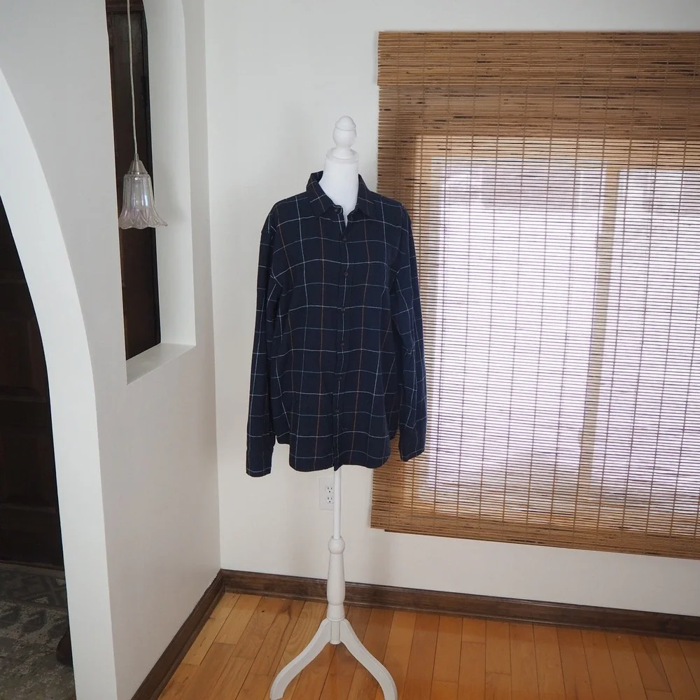 J. Crew Navy Window Pane Flannel Shirt‎ Men Large Classic Fit Tartan Preppy